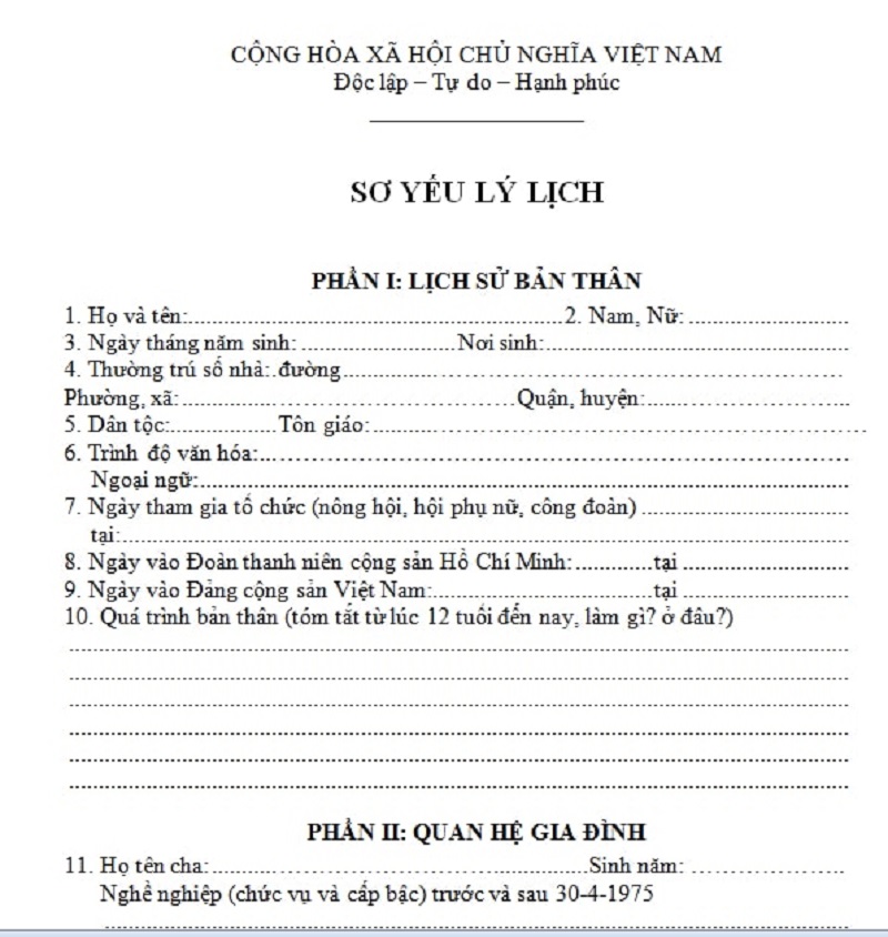 Mẫu sơ yếu lý lịch phổ biến