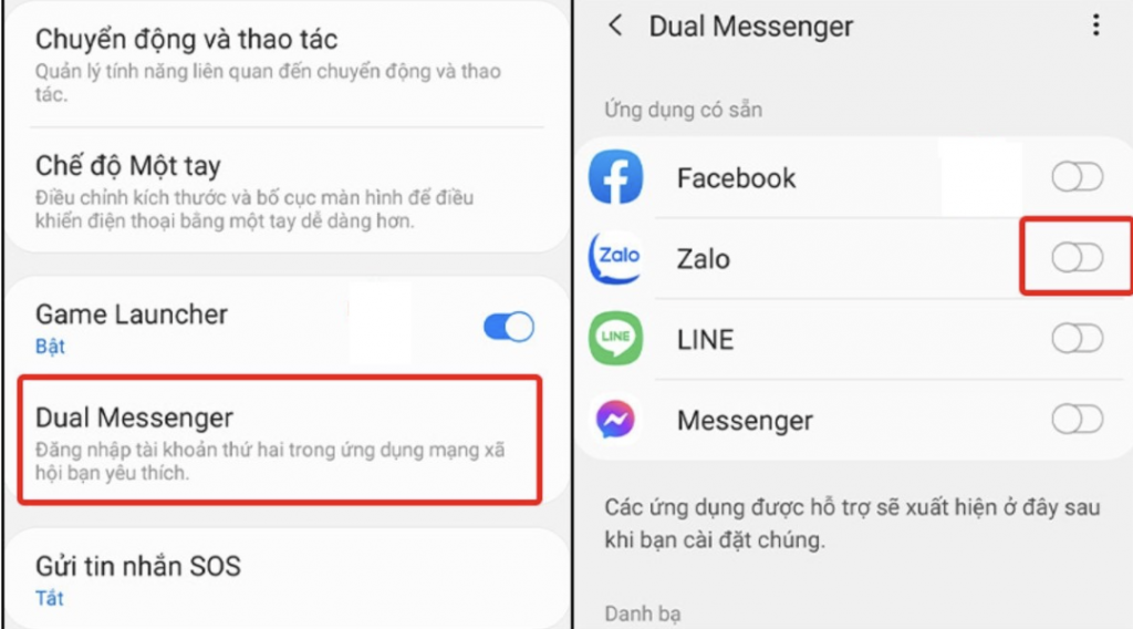 Chọn tính năng Dual Messenger và ấn kích hoạt Zalo