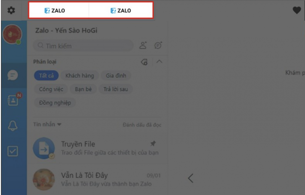 Giao diện ứng dụng sau khi hoàn tất việc đăng nhập 2 tài khoản Zalo
