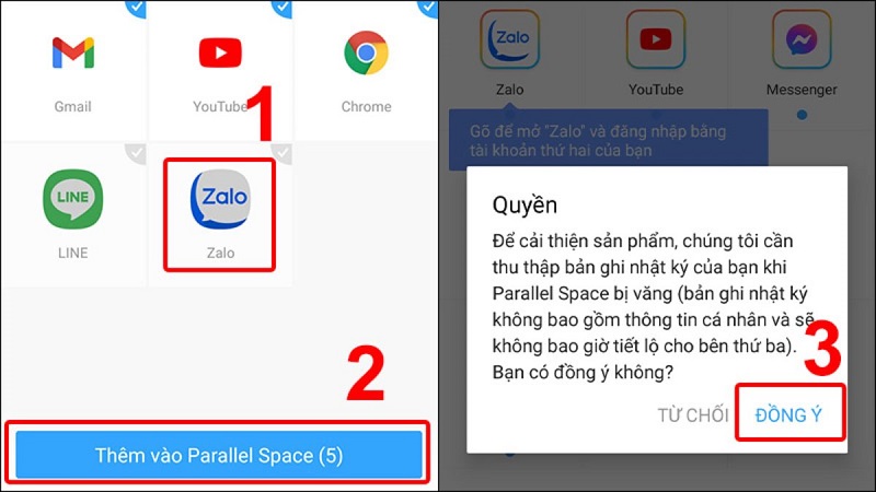 Zalo sẽ được thêm vào ứng dụng Parallel Space